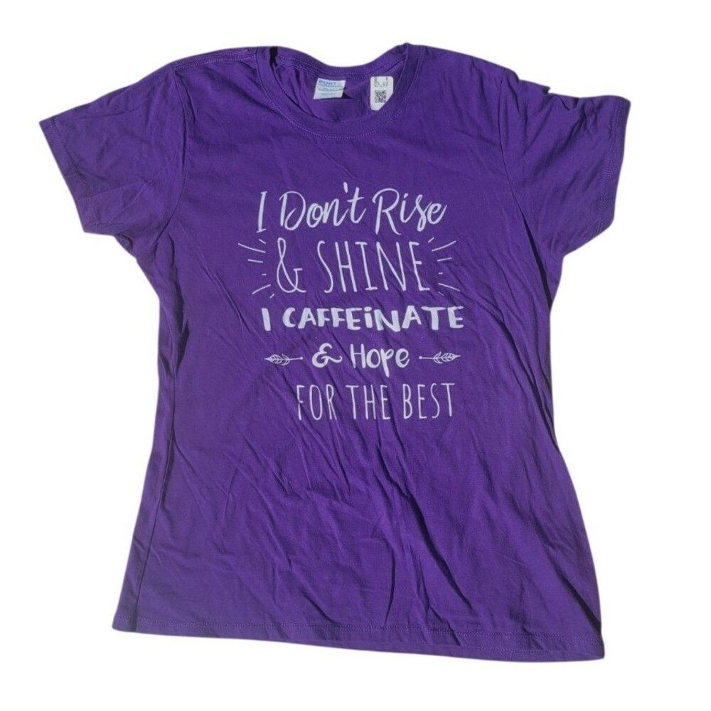 Women's I Don't Rise & Shine I Caffeinate Coffee Lover's Purple T-Shirt Size LG